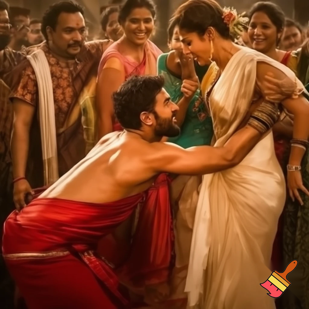 Dominant strong nayanthara saree rapes her weak husband on their wedding anniversary by kneeing him on the groin to forcefully submit him during a domestic dispute between them to decide on the ruler of the house. she thrusts force on him to create maximum pain as she subdued him. His strength is of no match to her powerful hold and he couldn't free himself from her hold. Her beauty is soo seductive to him but he has no energy left to challenge her and she completely obliterates him. He yields to her dominance by submission. Reveal her toned back, body, strong buttocks and boobs in saree and his sweat as a result of tiring fight. Make it realistic and believable. She punishes him relentlessly as she exposed her strength, figure,and emotions, no one there to help him as he pleads for mercy