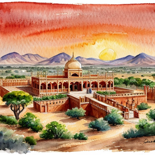 Ancient Rajasthan kingdom Vijaypur, grand palace on desert hills, golden sunset, royal flags waving, cinematic wide shot, ultra realistic, 4K historical Indian kingdom