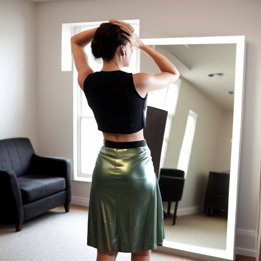 "A realistic, full-body photo of a female model posing indoors in front of a large, leaning rectangular mirror. She is wearing a sparkling, sage-green sleeveless sequined crop top and a long black skirt with high thigh slits. Her arms are raised with both hands behind her head, elbows pointing out, and she is looking slightly to the side. The mirror reflects the back of her outfit. The room has plain white walls and a black-and-white geometric tiled floor. Natural lighting, high definition."
