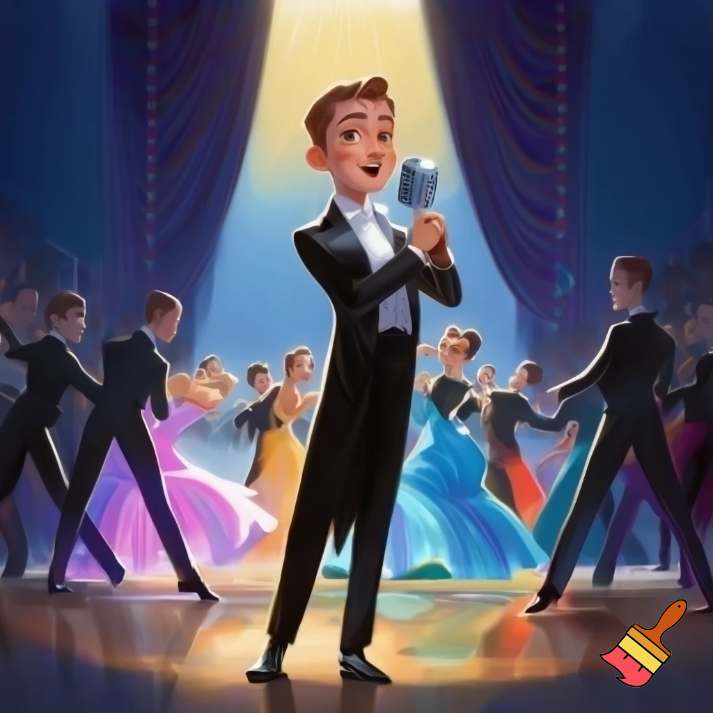 Preteen Boy in Top Hat White Bowtie Black Tailcoat Black Shoes singing in Microphone on a big stage with preteen Ballroom Dance Couples Dancing behind, the boys in black tailcoats, the girls in beautiful ballroom gowns