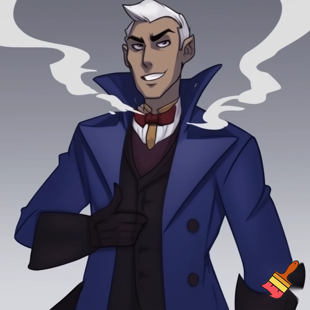 Percival de rolo from Vox Machina in the art style of hazbin hotel wearing his signature blue overcoat and smoke curling around him