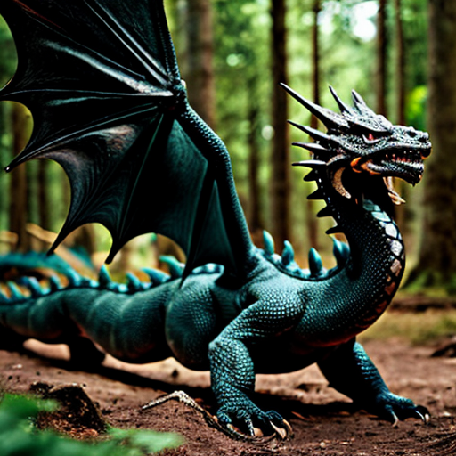 baby black dragon with white eyes in the forest
