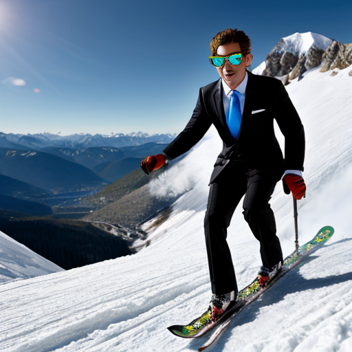 anime frog wearing a suit and tie with cool avaitor sunglasses skiing down a mountain
