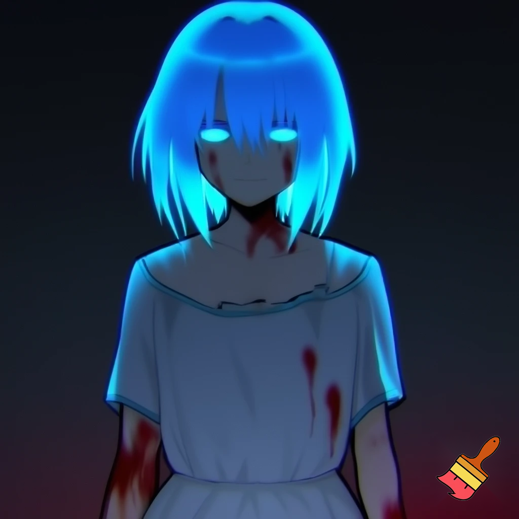 An anime girl with glowing blue hair and glowing blue eyes in a bloody hospital gown