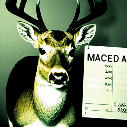 picture of a mugshot deer, with scars, serious face holding a number board