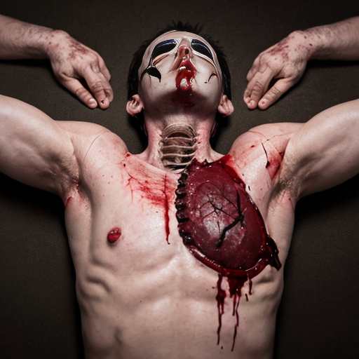 A corpse shirtless man, died, face are hiding by shirt with cut eye part (not eye human), eye closed, chest fully opened wounded circle on center, blood everywhere. Gibs and ribs (from chest bone) everywhere and broke, organs piece by piece.