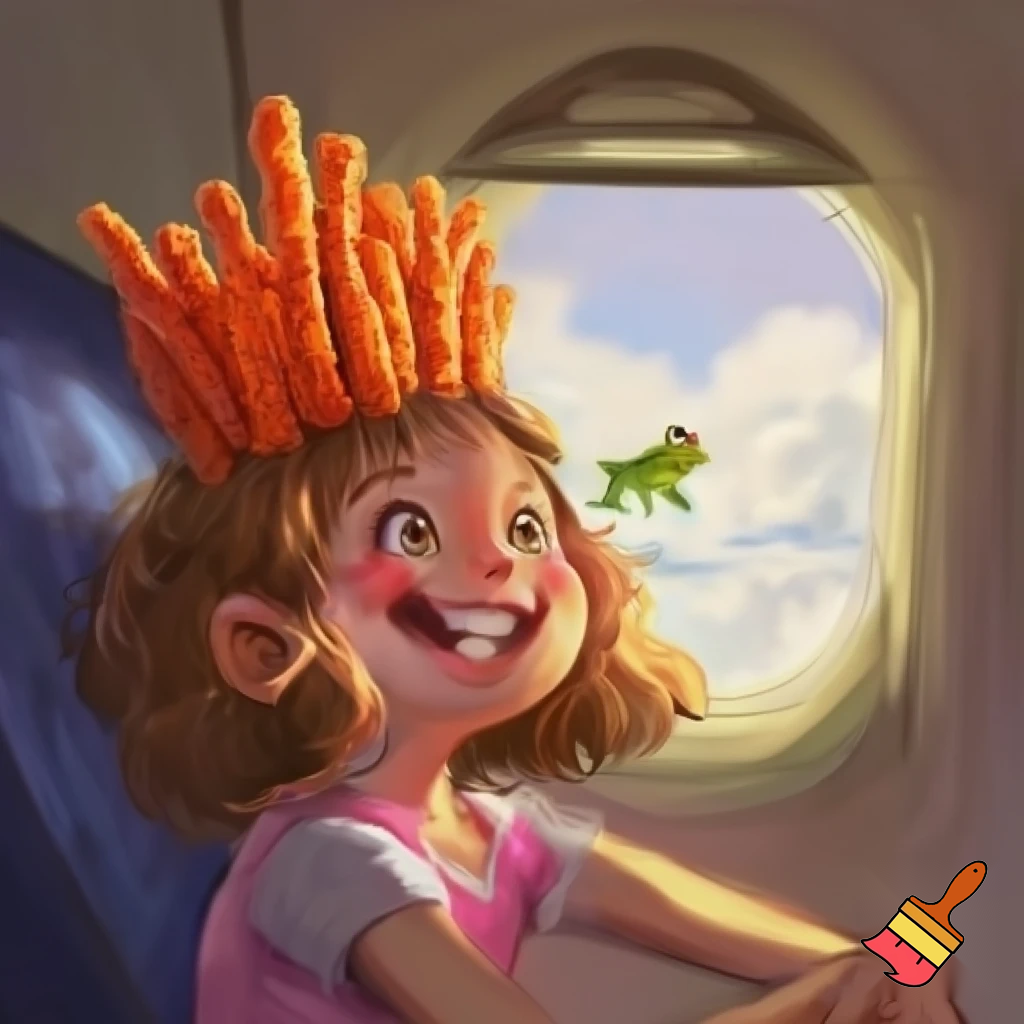 a inpoyle in  a plane is happy of a on her head she put hot cheetos on her head  when the girl done with her flit  the frog hit her head the frog go away