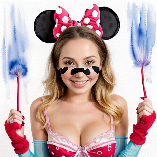 femme 28 ans cheveux blond yeux bleux nu tenue dans les airs par des mains et aux bras et au jambe oreilles de minnie mouse apparait sur sa tête et sur son visage un museau apparait et allaire une queue de sourie de minnie mouse et une culotte se mes sur elle avec le déguisement de minnie