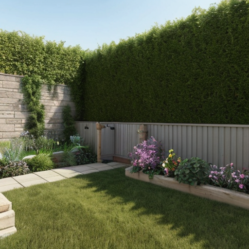 Realistic natural garden, excavator removed.
Green lawn in the center.
Low natural sandstone wall about 50 cm high along the top and right side.
Dense shrubs between wall and fence for privacy.
