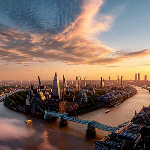 make the skyline of london with a sunset and fluying clouds in the sky