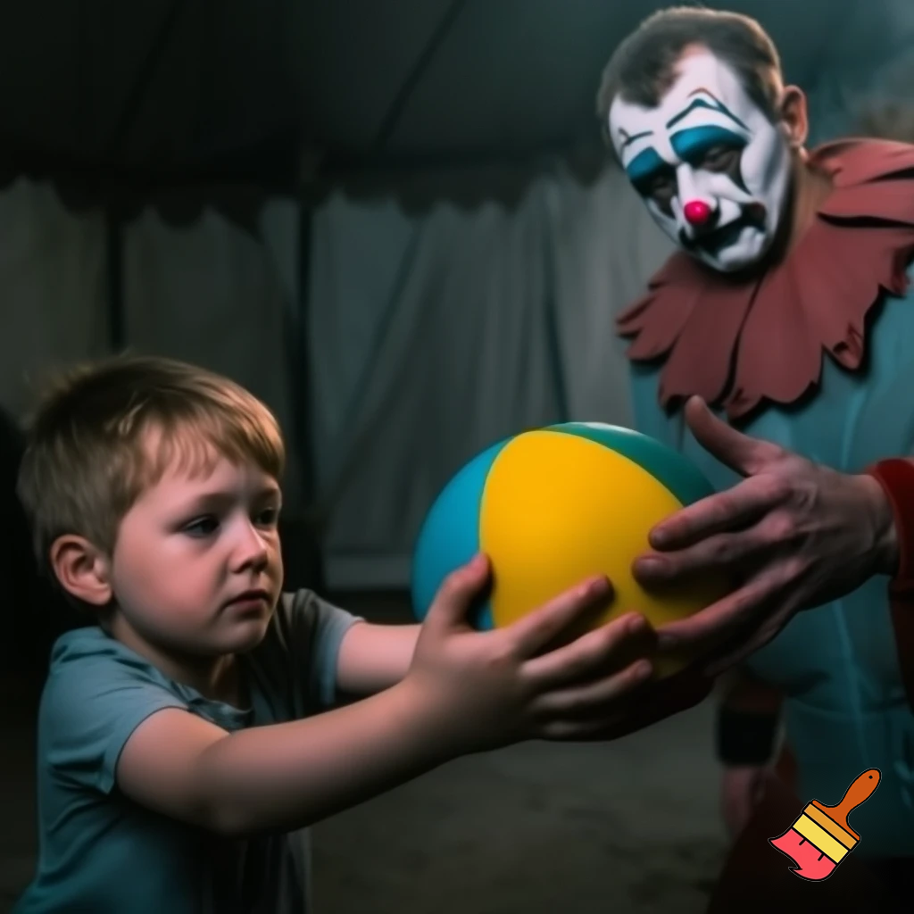  A child gives a sad circus clown a ball.
