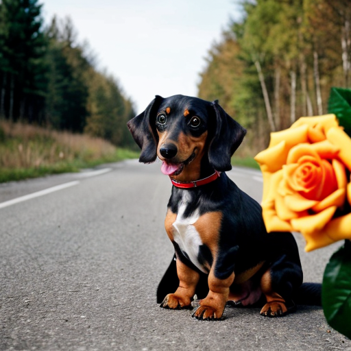 Generate an image showing this. A standard size, long haired, black and tan dachshund sitting by a Polish road saying Ulica Traktorowa, holding a red rose in its teeth. Message: Poszalejmy w Wal
entynki, koledzy i kolezanki ze szkolnej lawy!