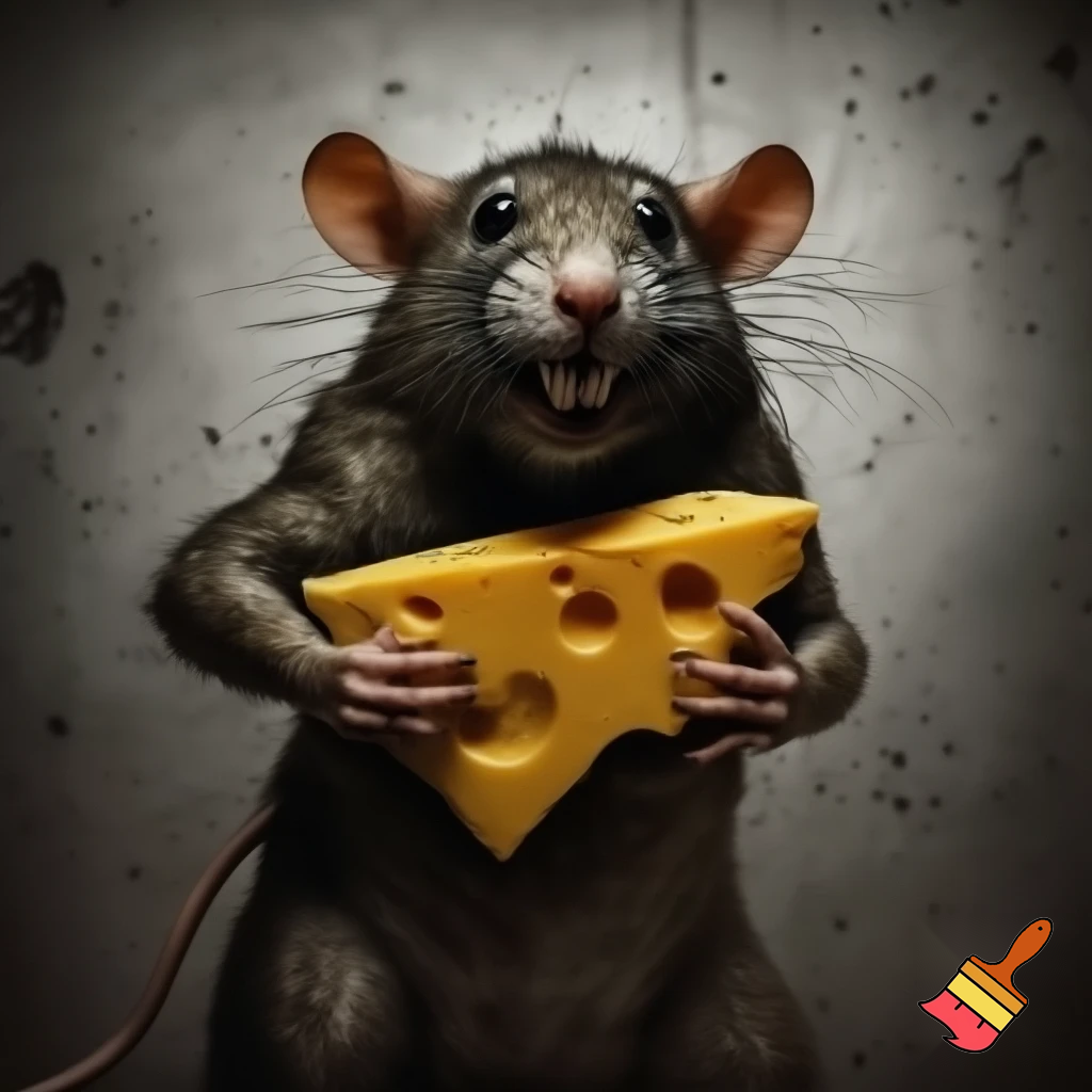mugshot, rat buff,  cheese in hand, sinister evil smirk rat