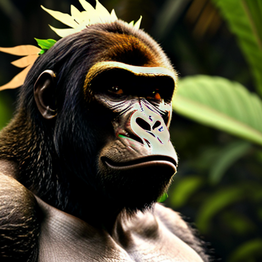 a big king gorilla with a golden leaf crown in the jungle with red eyes