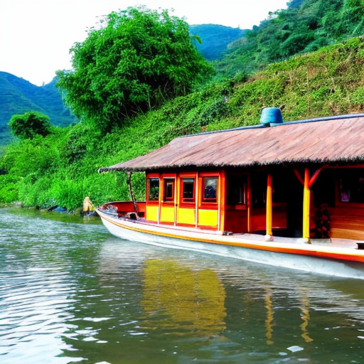draw a beautiful hill station with river flowing  boat on it with a smakk cottage near river.
