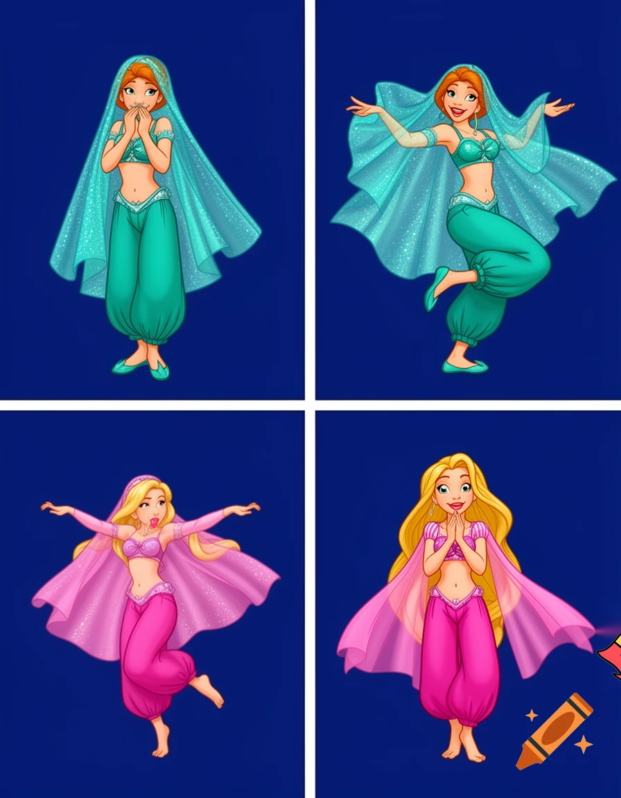 90's disney's 2d aladdin style comic dark blue background and panels of panel 1 anna  with teal harem pants and teal bra and teal  curved slippers with both hand palms place together and hiding the bottom of her mouth with a teal veil wrapped around her arms and attached to her head. 
panel 2 she danced with teal harem pants with teal bra and teal curved slippers and with a teal veil wrapped around her arms and shoulders and raising legs and bounced up and down her belly and shook her hips left and right. 
panel 3 as anna with teal harem pants and teal bra and teal curved slippers and with a teal veil wrapped around her arms and shoulders then spreading her arms, happily revealing her face to the viewer and giving a smile as she turns around shook her belly left and right. 
Panel 4 as anna with teal harem pants and bra and teal curved slippers with a teal veil wrapped around her shoulders and arms started to fading away , except her belly, which is bouncing around. 
Panel 5 then the ball transforms into the fading in belly of blonde haired rapunzel barefoot with pink harem pants and pink bra and pink veil wrapped around her arms and shoulders with her swaying her hips. 
Panel 6 rapunzel barefoot with pink harem pants, pink bra and pink veil wrapped around her arms and shoulders and with her hand palms place together between her chest and she gives a smile and blowing kisses at viewer.  