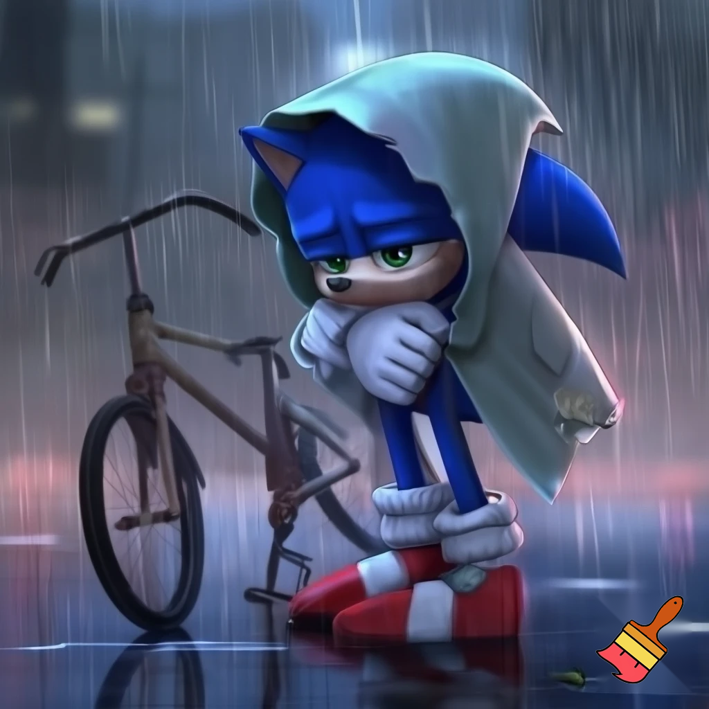 A sonic with a eyebrow gloomy tears  a sad mouth with bikecycle a stand rain raincoat