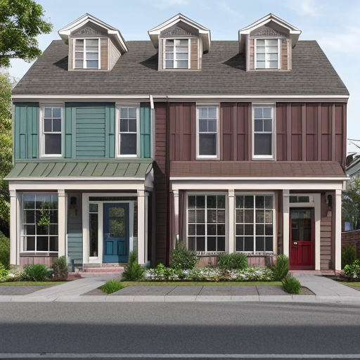 Generate a suburban neighborhood with one main rectilinear street and smaller, local streets separating off of it in a curved, varied manner. The urban space should have small street blocks with 5 or 6 uniform rectangular parcels and an interstate highway running along the edge of the neighborhood. Parcels should contain small square buildings and green garden areas behind them. Buildings should be mainly vernacular residential buildings (small homes) of about 2-3 floors with 2 or three small-scale commercial businesses on every other corner along the main street. Show entire neighborhood