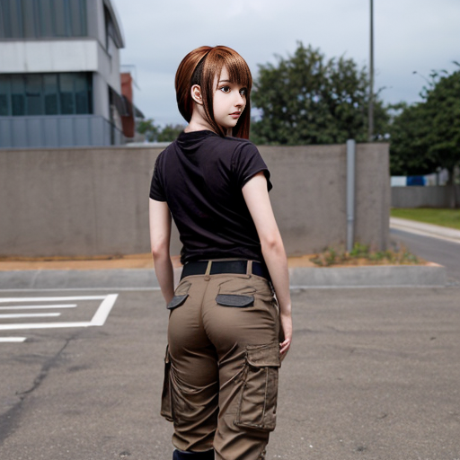 a anime girl with beige cargo pants turned around



