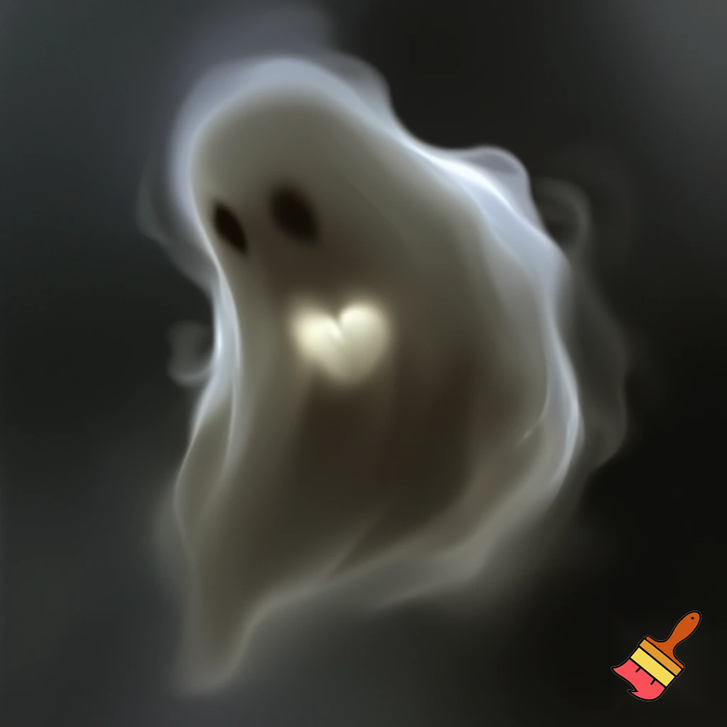 A ghost-like smoke creature made of shifting gray mist with a faint glowing heart at the center. His form is vague and semi-transparent, like a shadow trying to hold a shape. He floats instead of walking, with soft trails of vapor drifting behind. His appearance is quiet, fragile and mysterious, with a slightly anxious aura.