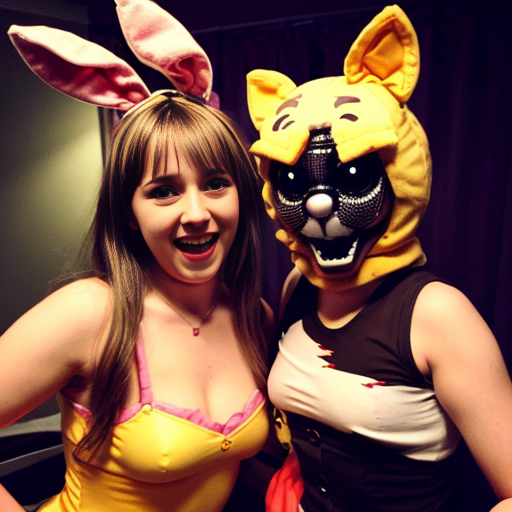 Show me what would happen if a boyfriend and girlfriend (Friday night funkin') were captured by female animatronics fnaf 2 , who then decided to make the boyfriend a girl (change his gender and appearance) and put the girl (boyfriend gender) in a cute, sexy bunny animatronic costume, and the wife girlfriend in a female animatronic cat costume. Both died in agony. How would the spirit of the girl (boyfriend gender) and his wife (girlfriend) react afterward?The boyfriend is gender (fnf) and looks like a bunny girl in spirit. How will his wife Girlfriend react to him boyfriend becoming a girl female? Fnaf 2 , Blood , стиль как с анимаций Friday night funkin.