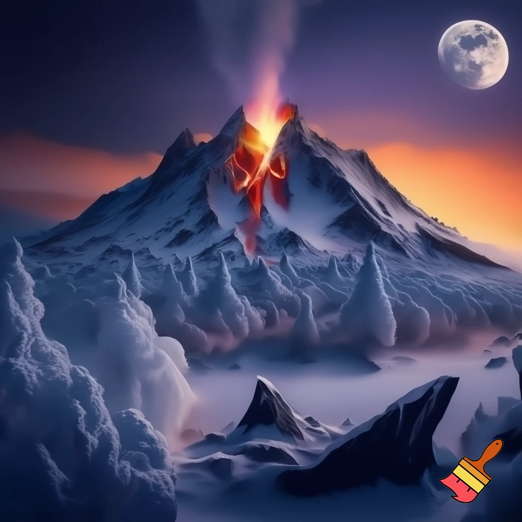 Drawing of a volcanic island mixed with an enchanted snow forest