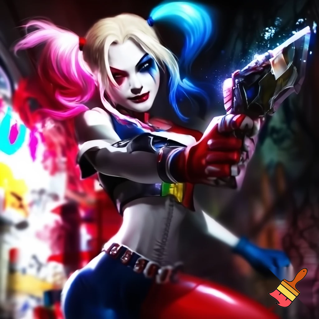 Harley Quinn using a pistol 