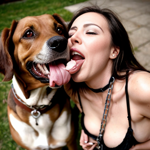 Sexy woman who is chained to the ground being licked by a tall dog that has saliva dripping down its teeth and it's tongue is going deep down her mouth 