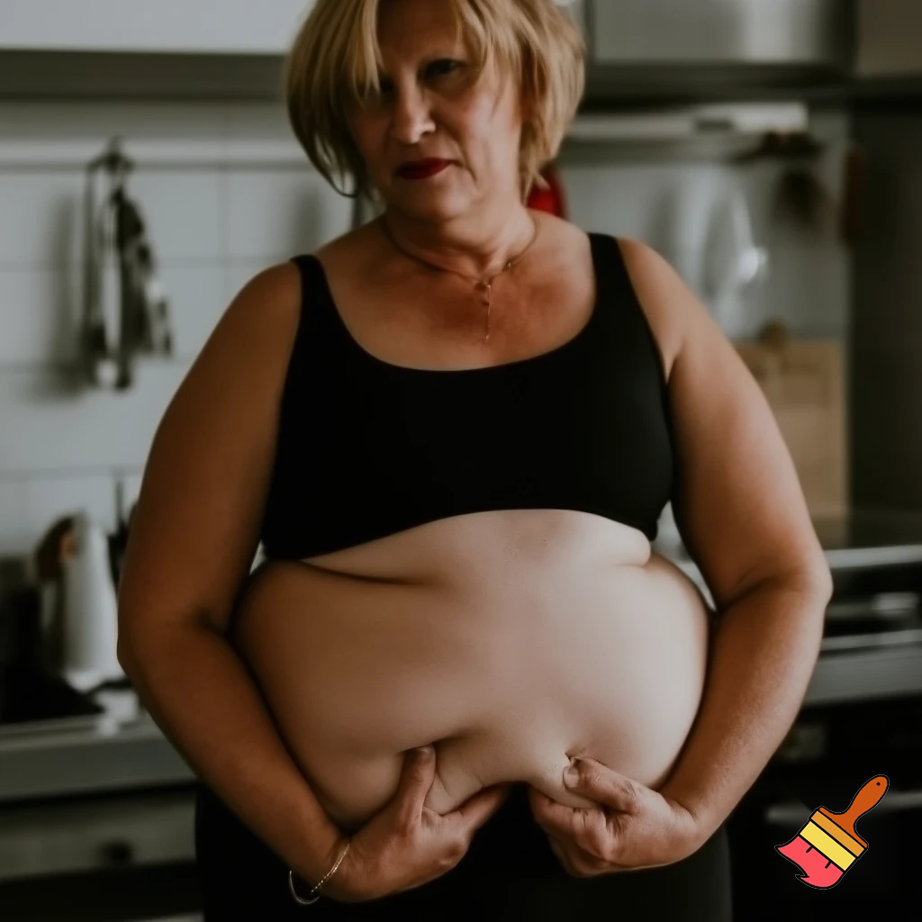 40-year-old woman with large breasts naked in the kitchen