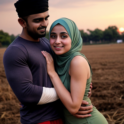 cute Muslim girl in a vibrant hijab and a handsome Hindu boy with tanned skin and a muscular build, both in a park during sunset. The girl rests her head on his chest, smiling happily, while he holds her protectively, conveying a sense of safety and intimacy. The background features soft colors and a warm atmosphere,she should be tall too but not taller than him,cute and romantic on bed not open fields,she shouldn't be chubby ,just slum and mid and must be cute and romantically digging into him for comfort,yeah amd expose her a little ,she doesn't need to be dress packed like a cake,put her in less modest