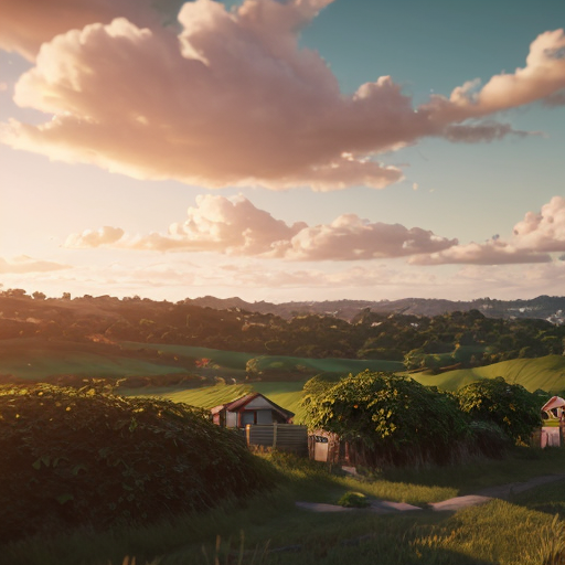 liminal space, dreamcore Whimsical, dreamlike aerial view of rolling green hills dotted with small houses, dramatic cumulus clouds illuminated by golden hour sunlight, Studio Ghibli inspired, painterly, soft focus, vibrant emerald greens and pastel sunset hues, serene atmosphere, cinematic wide shot, high detail, octane render --ar 9:16 --v 6 --style raw