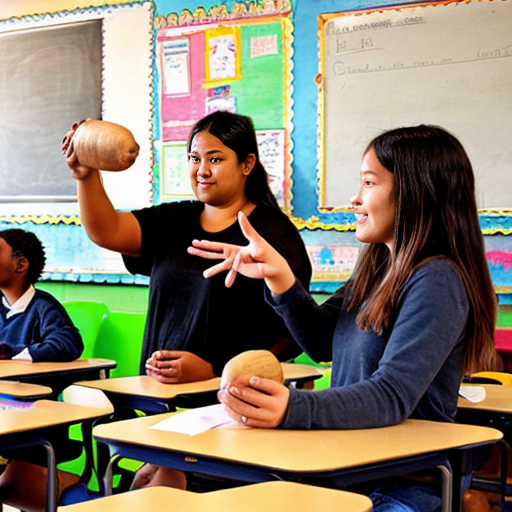 Please create a drawing of a teacher in a classroom holding a yam and the students are pointing, watching, and interacting. Please make the characters pacific islanders