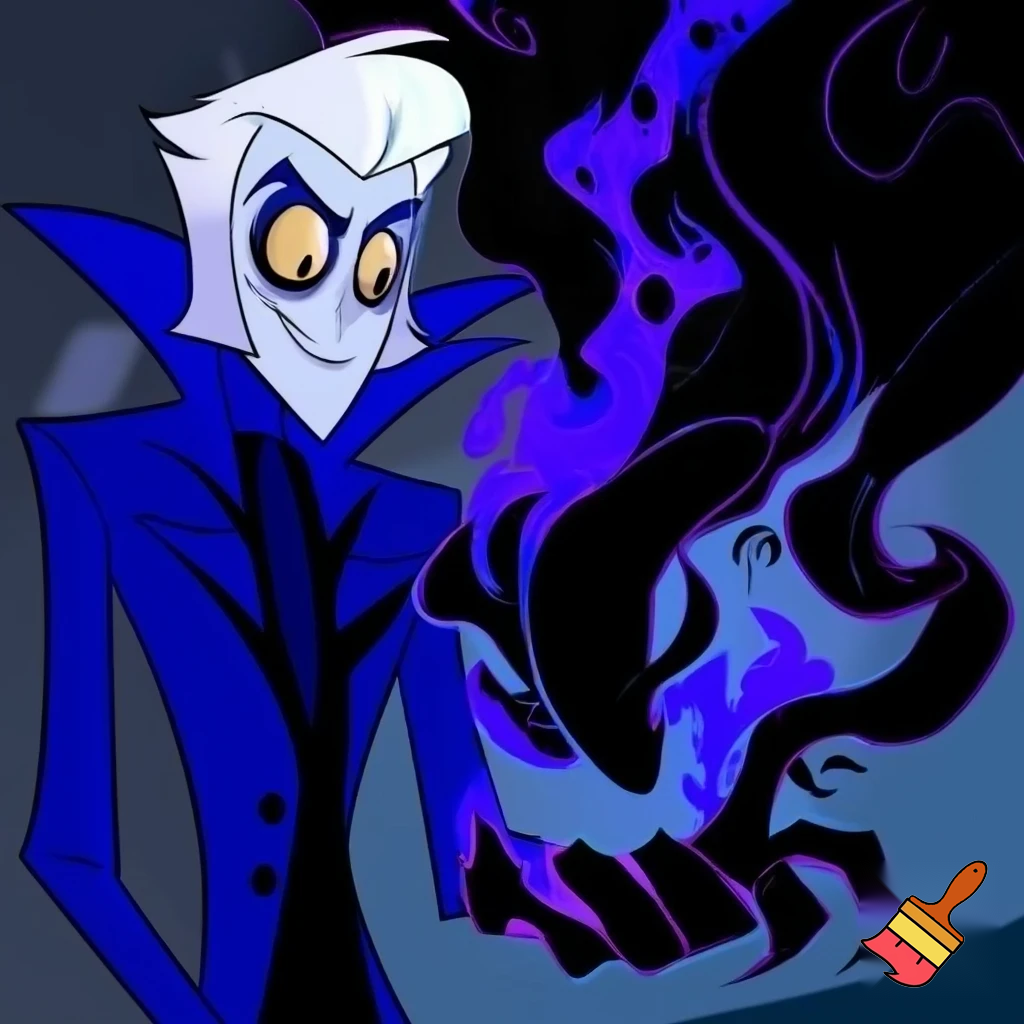 A tall, lean pale man with white hair, distinctive round brass glasses he has a stern look on his face. his face In cartoonish art style of hazbin hotel wearing his signature blue overcoat with black sinister smoke curling around him his hand reaching out, producing the black sinister smoke