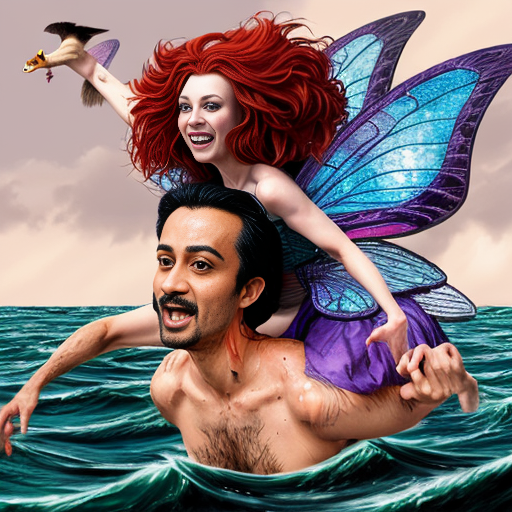 egy manó egy kacsa hátán lezuhan a tengerbe, és egy fekete hajú tündér és a vörös hajú tündér megölik egymást. Szürreális, túlzó arányok, humoros, kaotikus képregény-hatás, élénk színek, dinamikus vizuális részletek.”