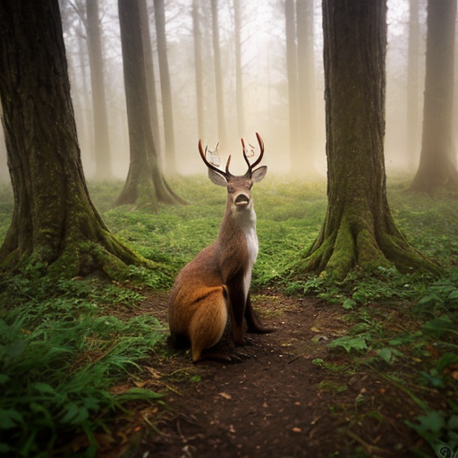 A gentle, intelligent-looking female deer named Mimi stands in a misty, magical forest. She wears a classic tweed deerstalker hat, like an old-fashioned detective. Perched playfully between her antlers is a tiny, energetic squirrel, acting as a lookout, peering into the distance. In the foreground, a large bear footprint and a bright red berry lie on the forest floor, being carefully examined through a shiny magnifying glass held near them. The forest is full of tall trees with soft green leaves, beams of sunlight shining through the mist, and dappled light on the ground. The mood is “whimsical mystery” — cozy, curious, and slightly foggy, with soft, storybook-style colors and gentle expressions on the animals’ faces