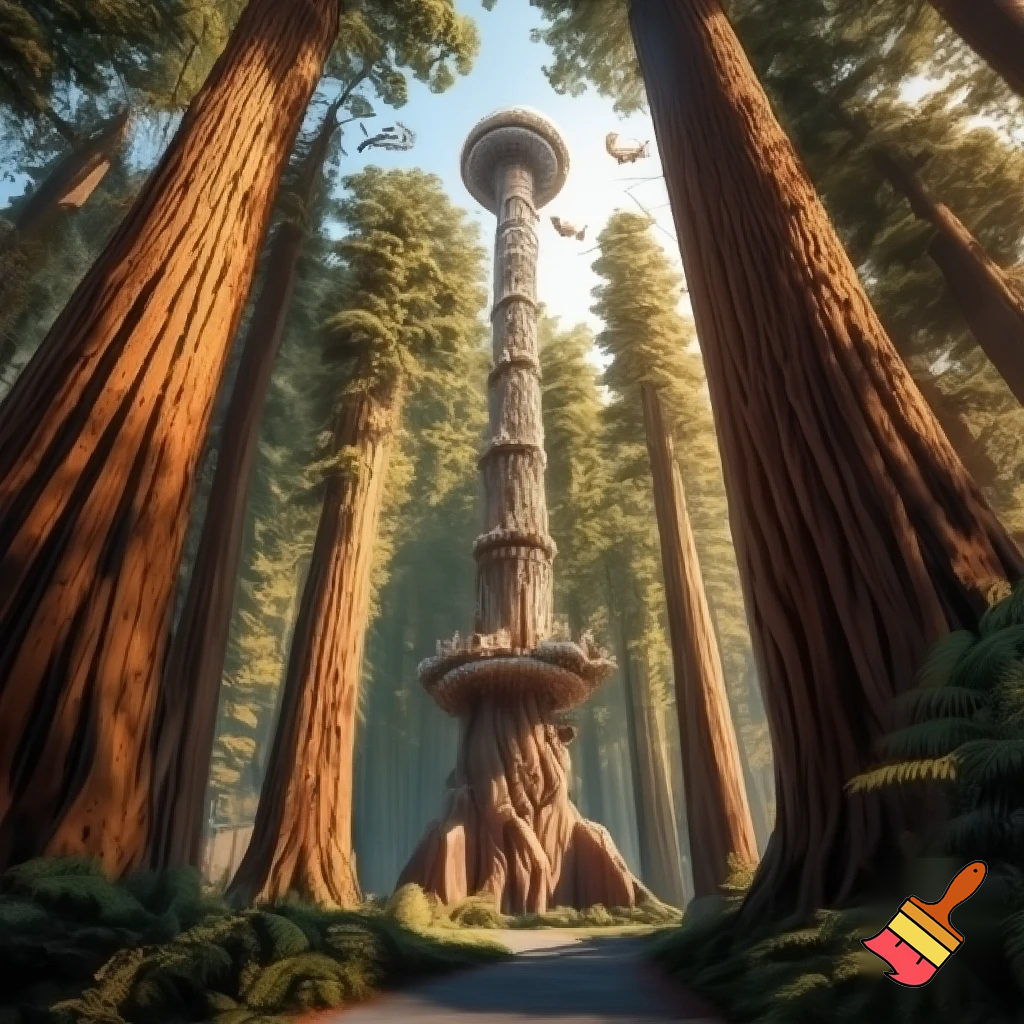 Make a drop tower ride inspired by the California redwood trees