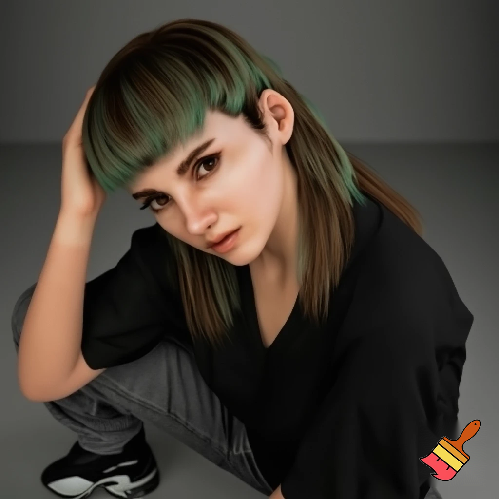 wygeneruj moją podobiznę 186 wzrostu włosy na modern mullet grzywka delikatnię w górę moje buty nike shox szare baggy jeansy czrna luzna bluza wyrazista szczęka i oczy brązowo zielone kolor włosów brązowe