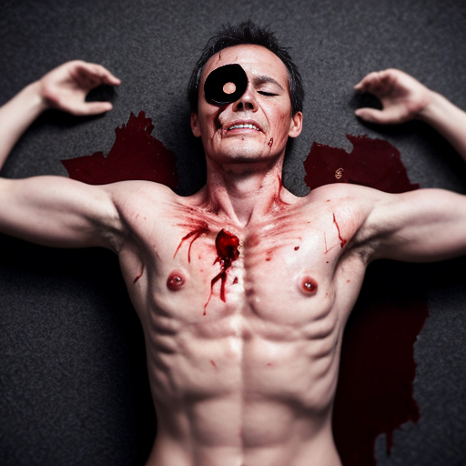 A corpse shirtless man, died, face are hiding by shirt with cut eye part (not eye human), eye closed, chest fully opened wounded circle on center, blood everywhere. Gibs and ribs (from chest bone) everywhere and broke, organs piece by piece. (In full body, not half body)