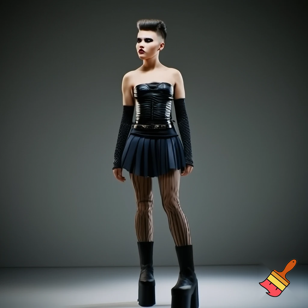 Attractive woman with an undercut and bold makeup wearing a collar, arm warmers, a corset, a body belt, a pleated skirt, vertical striped stockings and platform boots 