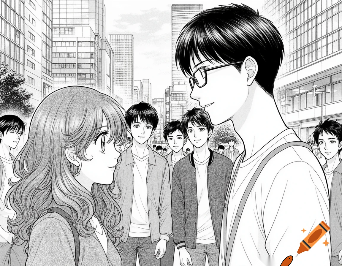 black and white manga style illustration, Indian girl meeting 4–5 guy friends for the first time, emotional and cute atmosphere, modern setting, heroine looking at a tall boy with short hair and rectangle glasses, expressive eyes, shy smiles, detailed ink line art, Japanese manga style, cinematic composition, manga panel layout, no color