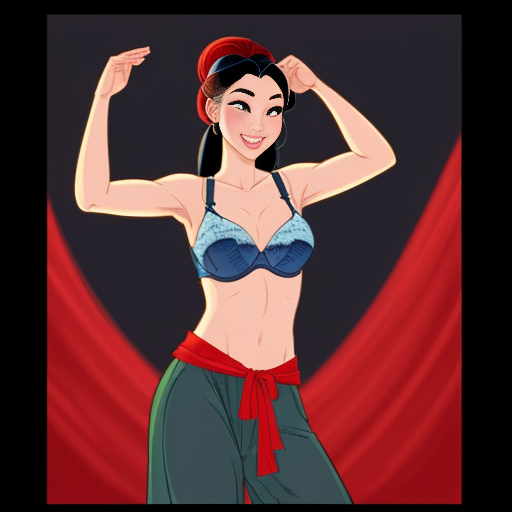 90's disney's 2d aladdin style comic dark blue background and panels of panel 1 Pocahontas barefoot with brown harem pants and bra with both hand palms place together and hiding the bottom of her mouth with a brown veil wrapped around her arms and attached to her head. 
panel 2 she danced with brown harem pants barefoot with brown bra and brown veil wrapped around her arms and shoulders and raising legs and panel 3 Pocahontas barefoot with brown harem pants and bra just bounced up and down her belly  and shook her hips left and right. 
panel 4 as Pocahontas barefoot with brown harem pants and bra spreading her arms, happily revealing her face to the viewer and giving a smile as she turns around shook her butt left and right. 
Panel 5 Pocahontas barefoot with brown harem pants and bra started to fading away , except her belly, which is bouncing around. 
Panel 6 then the ball transforms into the fading in belly of mulan  with red harem pants and red bra and red curved slippers with a  red veil wrapped around her arms and shoulders with her swaying her hips. 
Panel 7 mulan with red harem pants, red bra and red curved slippers and with a red veil wrapped around her arms and shoulders and with her hand palms place together between her chest and she gives a smile and winking her left eye.