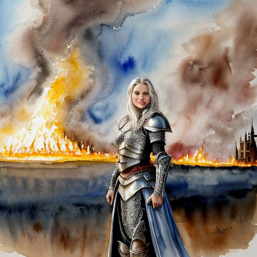 young, tall, white-haired woman in armor stands in front of a burning castle into which meteorites are falling.