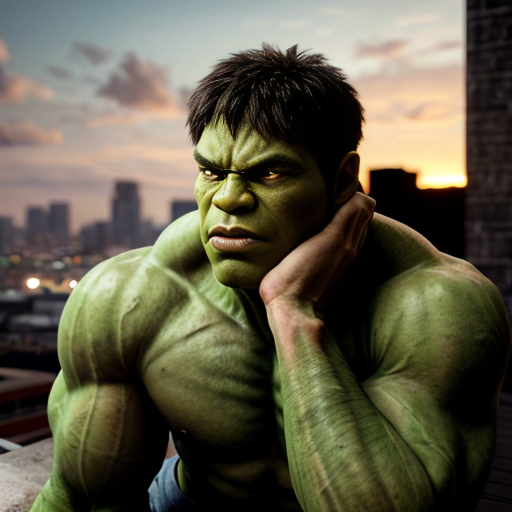 A giant green Hulk 🧟‍♂️ sitting on a rooftop at sunset with his girlfriend, soft golden sky, city lights glowing below, Hulk looking gentle and deeply in love, holding her hand carefully with his massive green fingers, emotional romantic atmosphere, cinematic lighting, ultra realistic, detailed expressions, 4k, dramatic sky