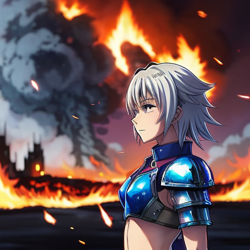 young, tall, white-haired woman in armor stands in front of a burning castle into which meteorites are falling.