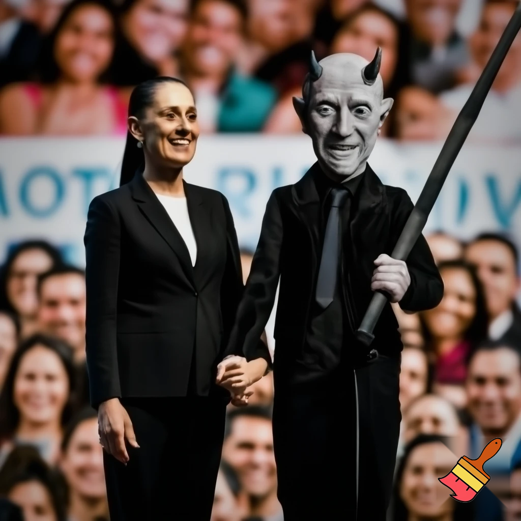 claudia sheinbaum holding hands with the devil and smiling, full body, and deep down people smiling with long weapons