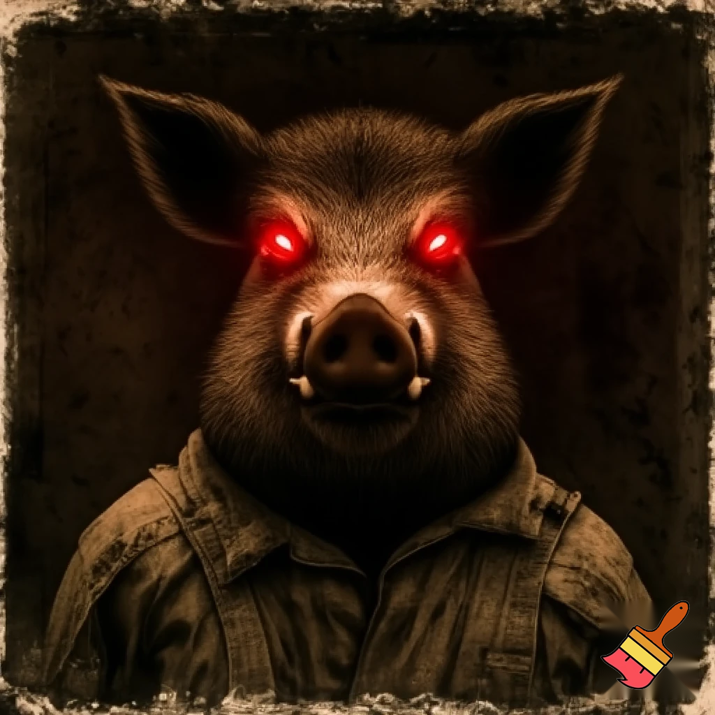 create a evil wanted poster with an image of a mugshot of a wild pig wearing prisoner clothes with red eyes.
