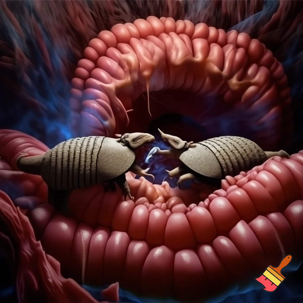 Armadillos wrestling inside a fat man's large intestine 