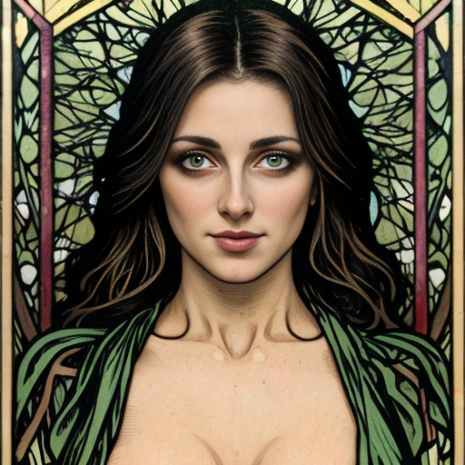 40 year old attractive olive skinned woman with the legs of a deer with hooves instead of human legs, yellow eye color with horizontal rectangular pupils,black mascara, green slightly sheer dress, forest setting mucha art style