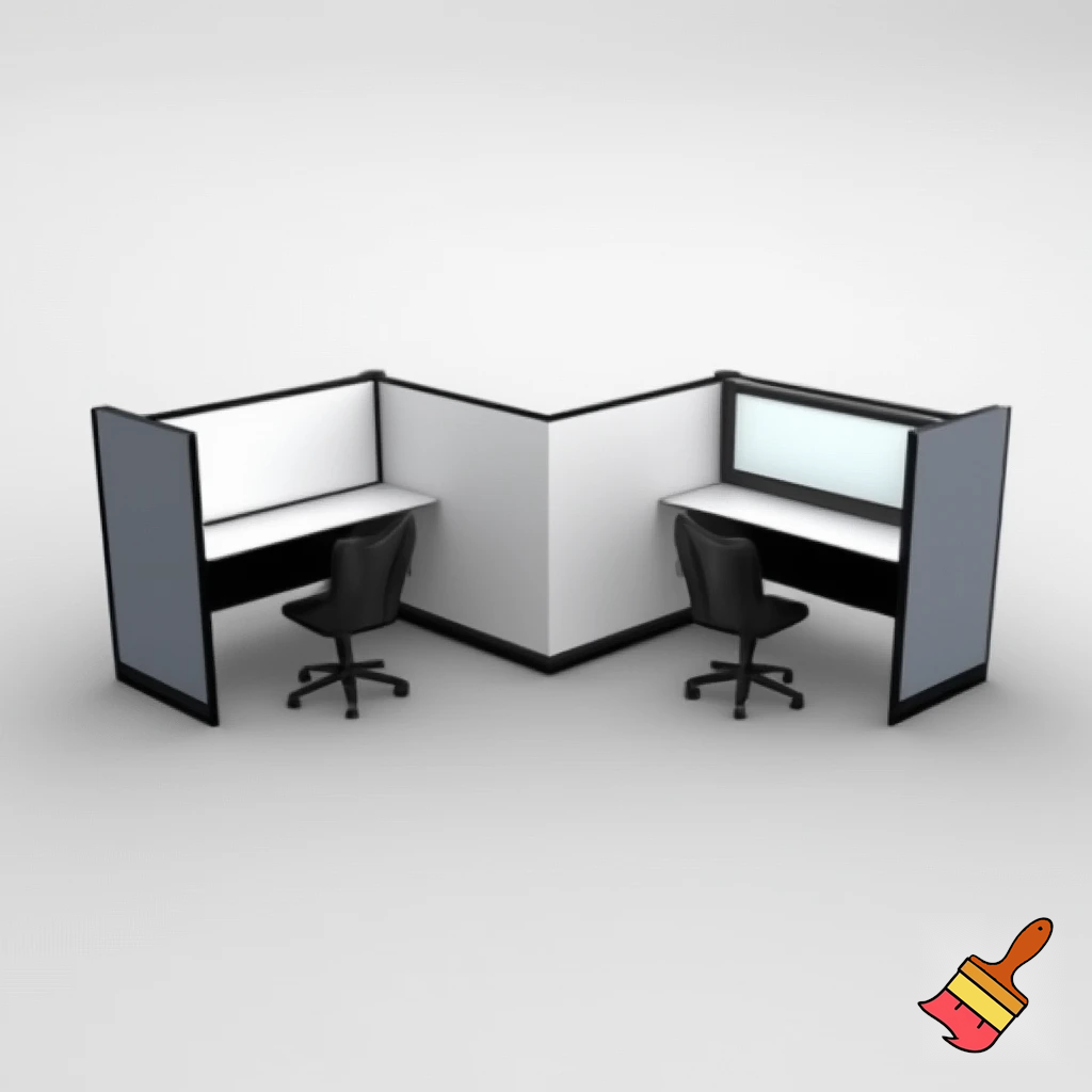 to arbejdsstationer , som består af 2 vægge 1,5 m høje, som står overfor hinanden ( på den ene - er whiteboard, på den anden - en skærm), med et klapbord på den ene side af hver væg (under whightboardet og skærmen), 2 stole på begge sider af hvert klapbord. Der er ikke væg imellem stationerne. Hvis man sætter dem sammen, bliver der dannet en station til 4 personer