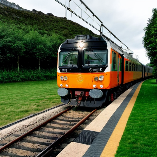 a train traveling with greenfields in background with irish flag